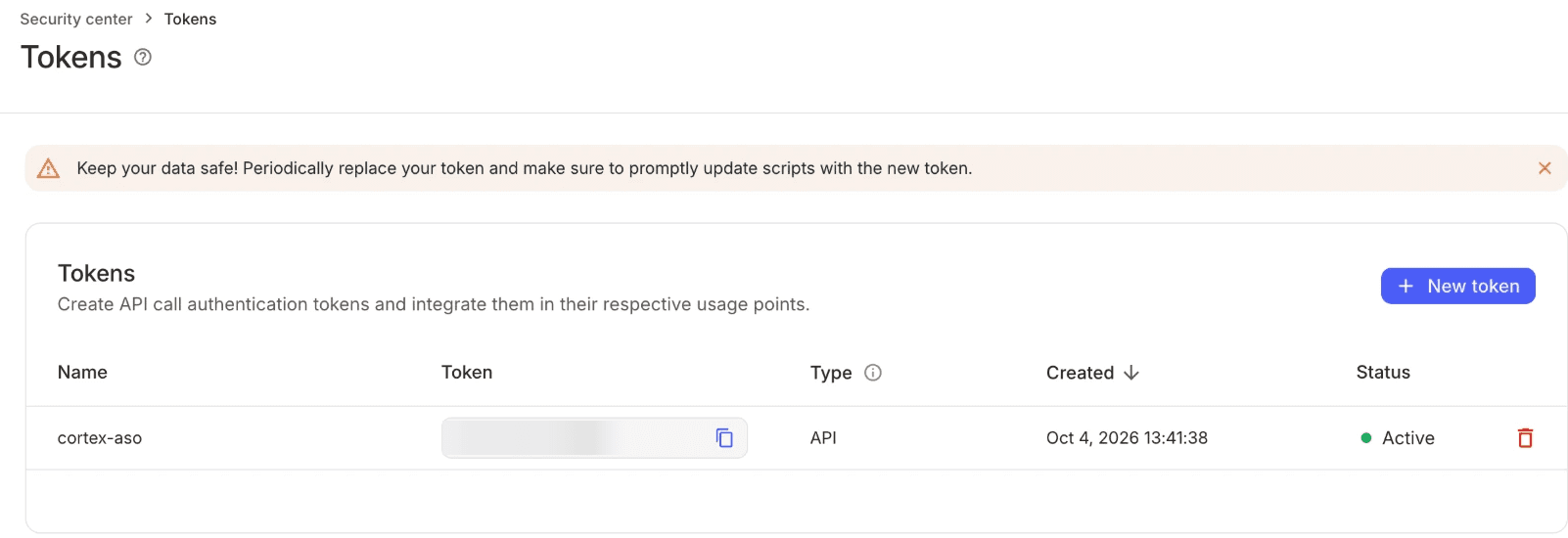 AppsFlyer Tokens page with the New token button