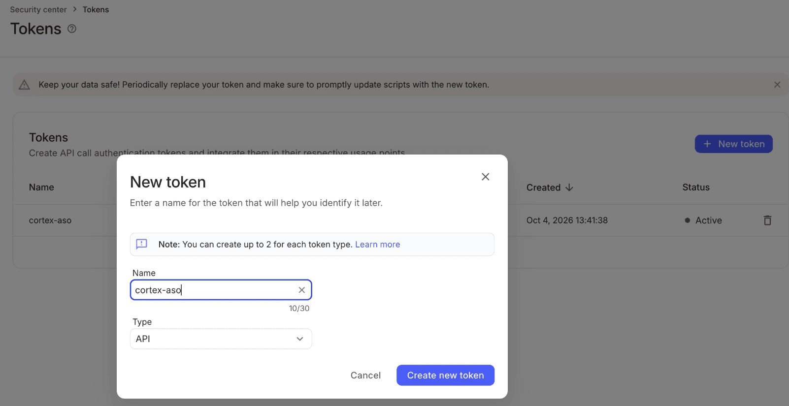 New token dialog with the name filled in and the API type selected