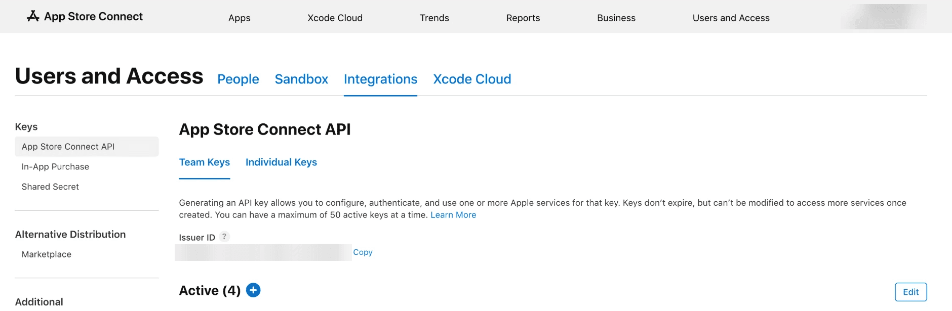 App Store Connect Team Keys page with the Issuer ID and the add key button