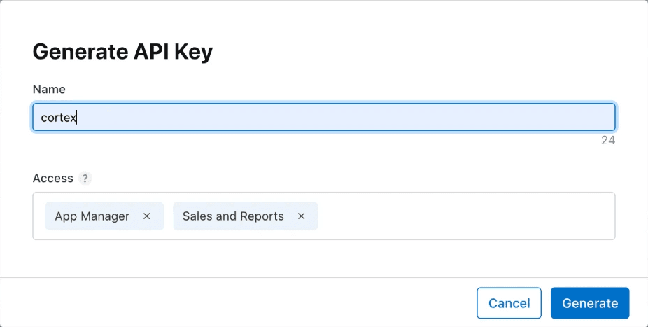 Generate API Key dialog with the name Cortex and App Manager plus Sales and Reports access