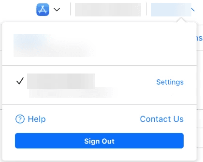 Apple Ads account menu with the Settings link