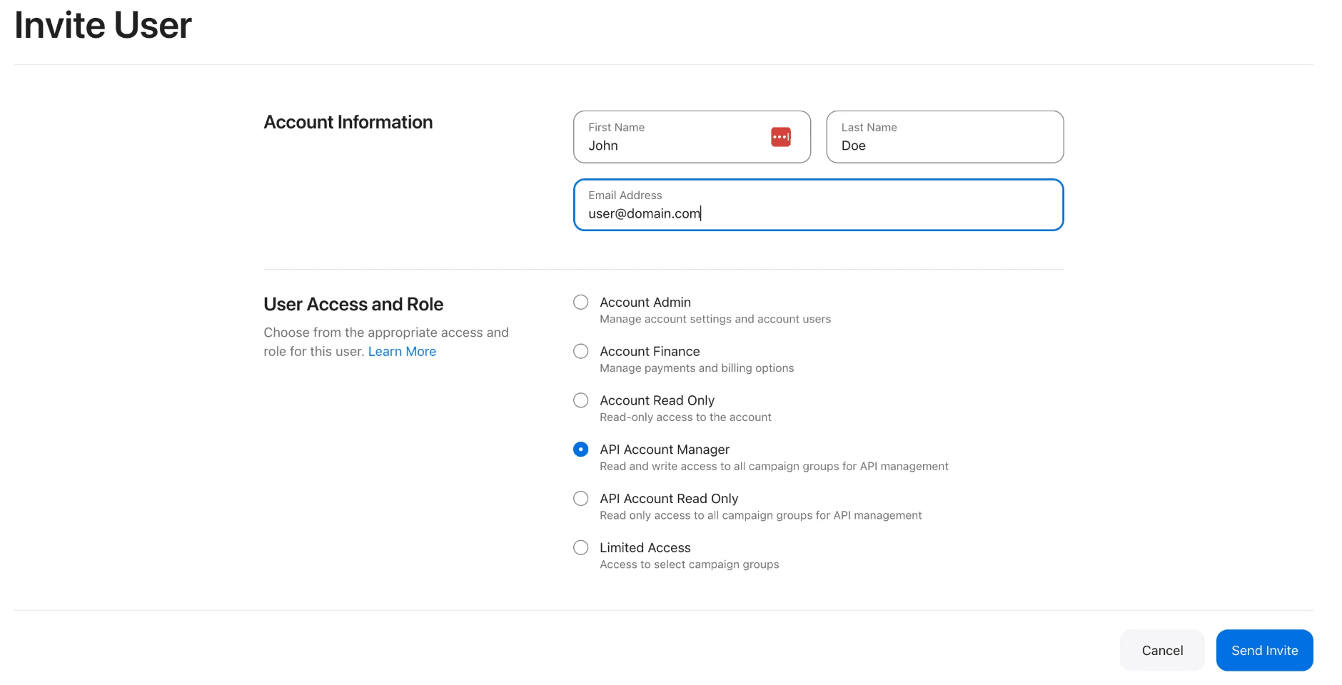 Apple Ads Invite User form with the API Account Manager role selected