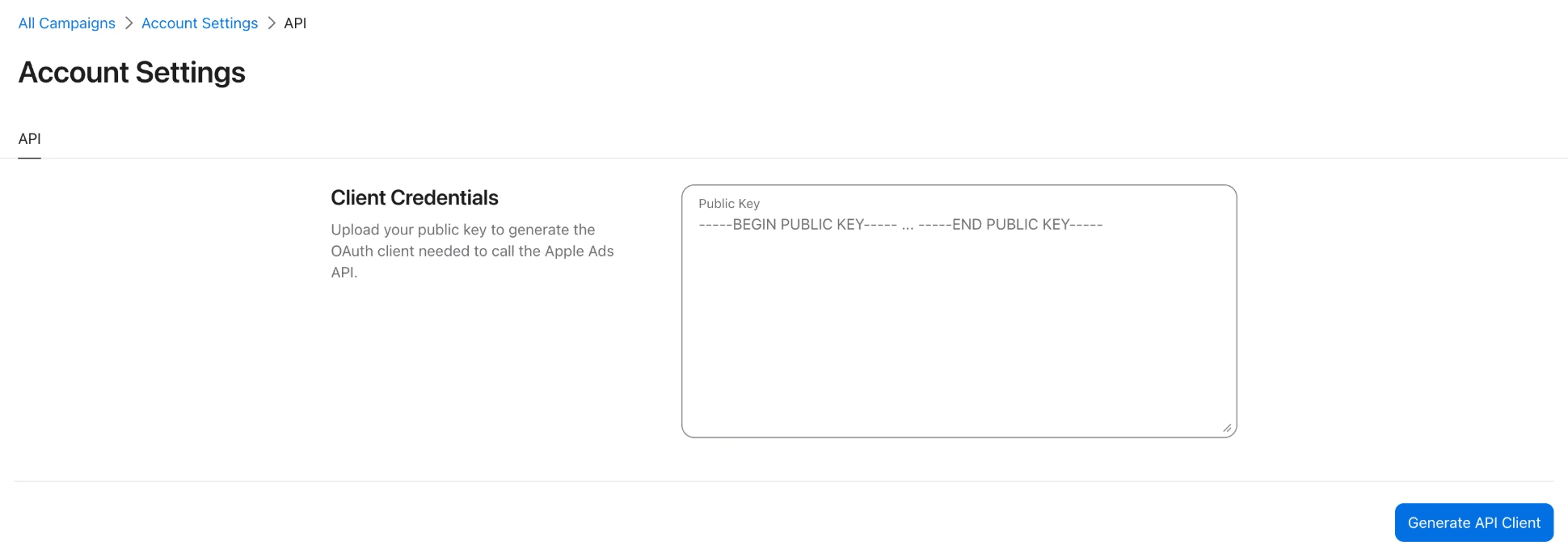 Apple Ads API tab with the Public Key field and the Generate API Client button